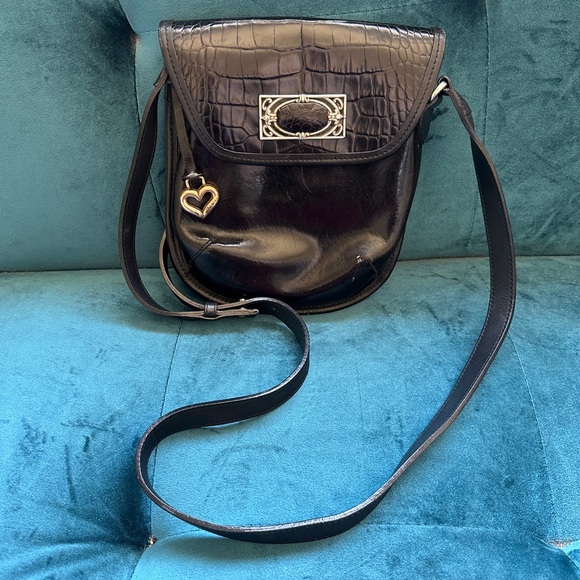 Black Leather Crossbody Bag with crocodile embossing - Picture 2 of 6